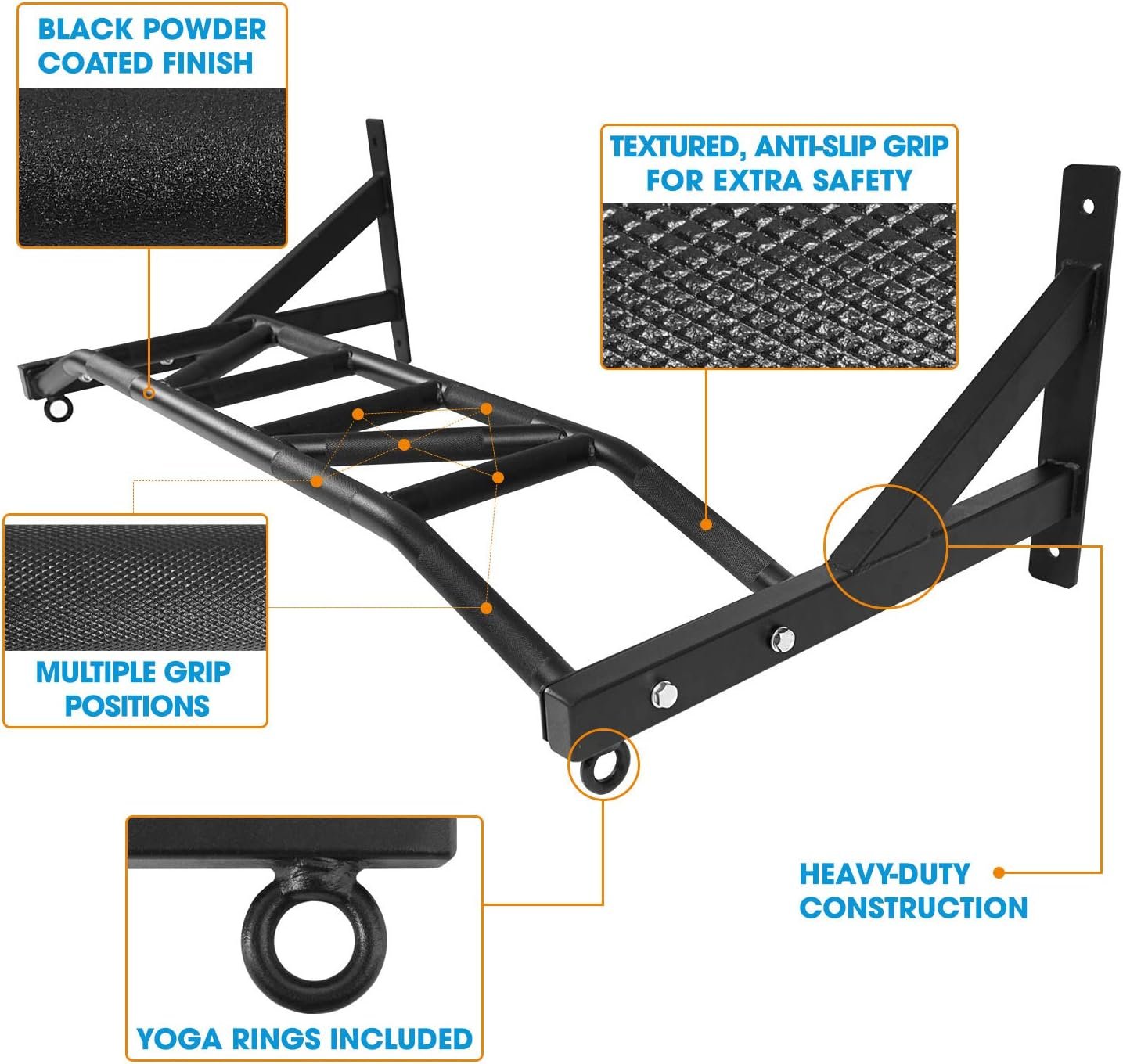 Body Strong Fitness Wall Mounted Pull Up Bar – Multi-Grip DG009