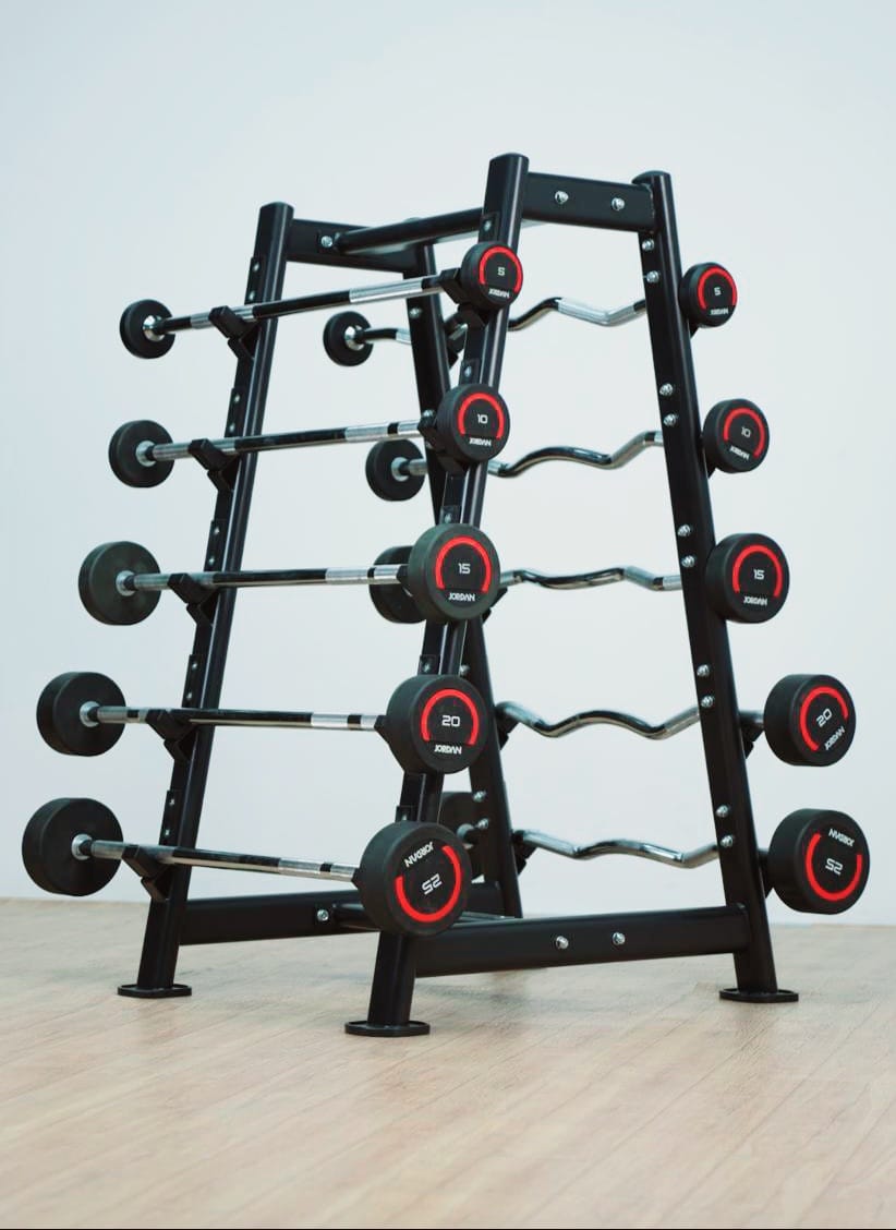 Jordan Fitness Urethane Straight and Curl Barbells with Rack