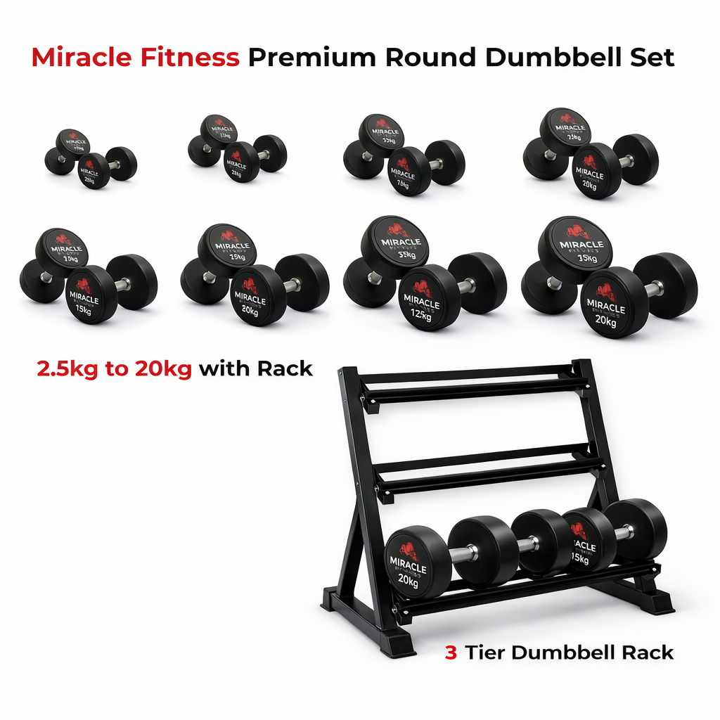 Miracle Fitness Premium Round Dumbbell Full Set 2.5kg to 20kg with Rack