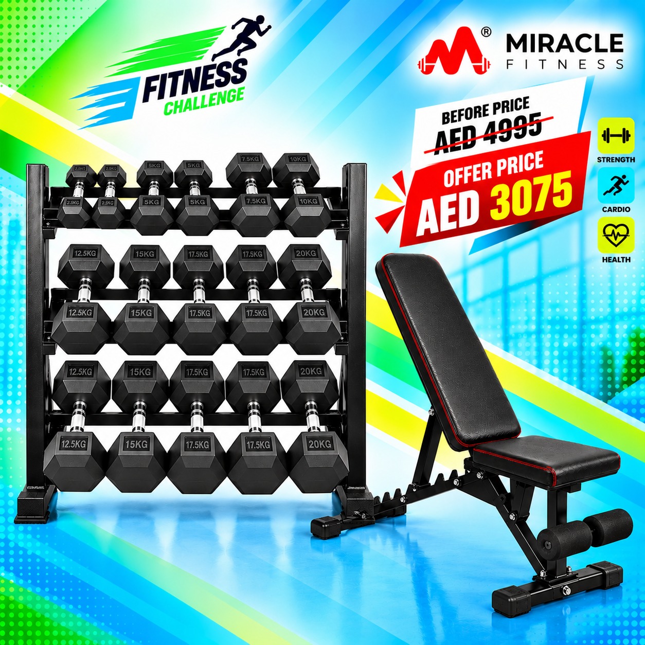 Miracle Fitness Hex Dumbbell set with Bench Press Combo Set