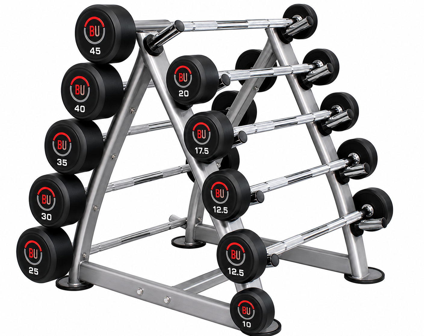BU FIXED STRAIGHT BARBELLS 10KG TO 45KG (10Pc) with RACK