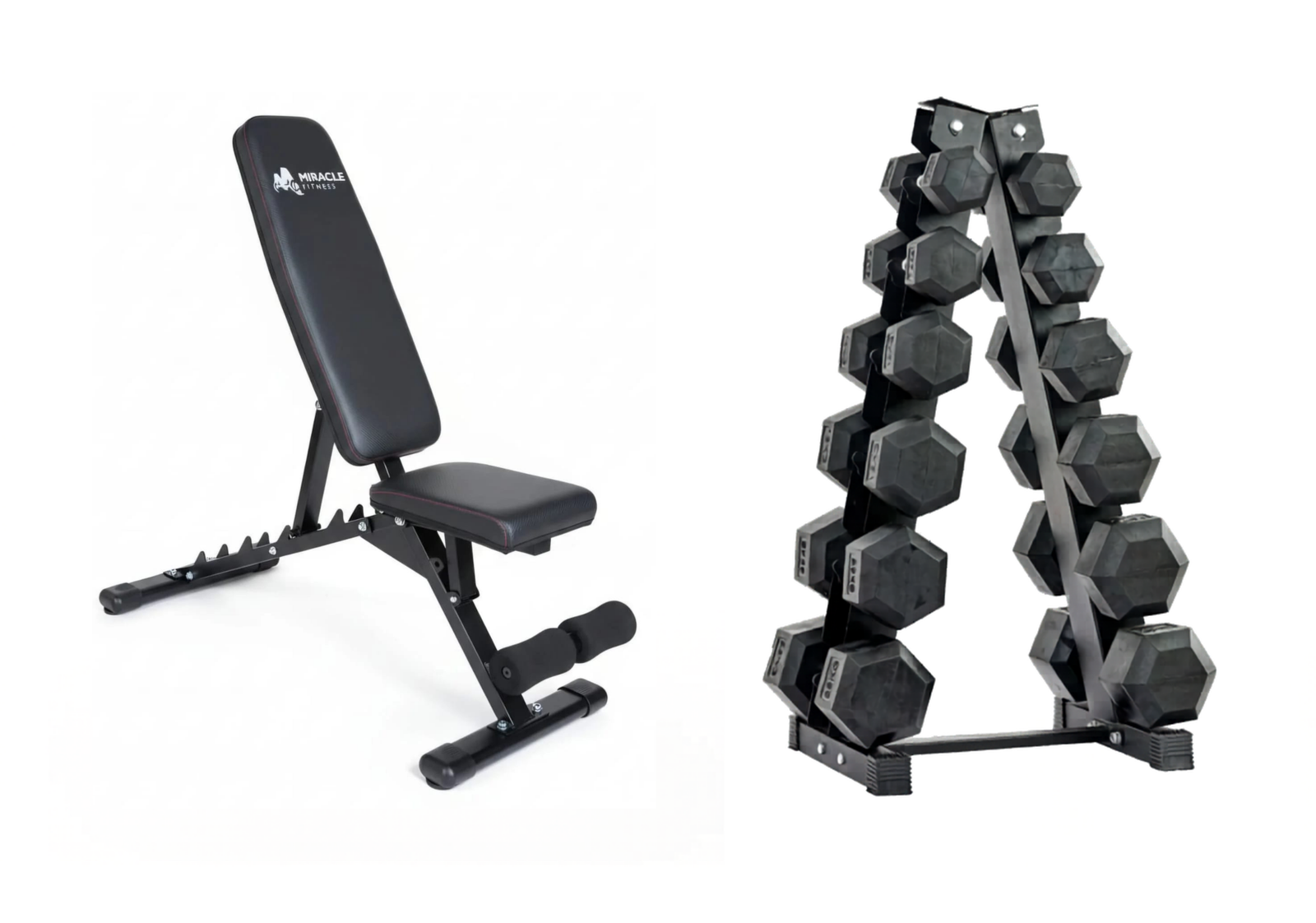 HEX DUMBBELLS SET WITH RACK AND ADJUSTABLE WEIGHT BENCH