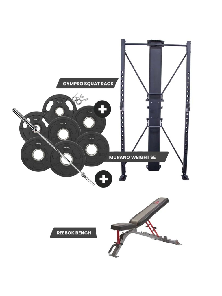 Gympro Foldable Wall Squat Rack + Utility Bench + Olympic Disc with Barbell