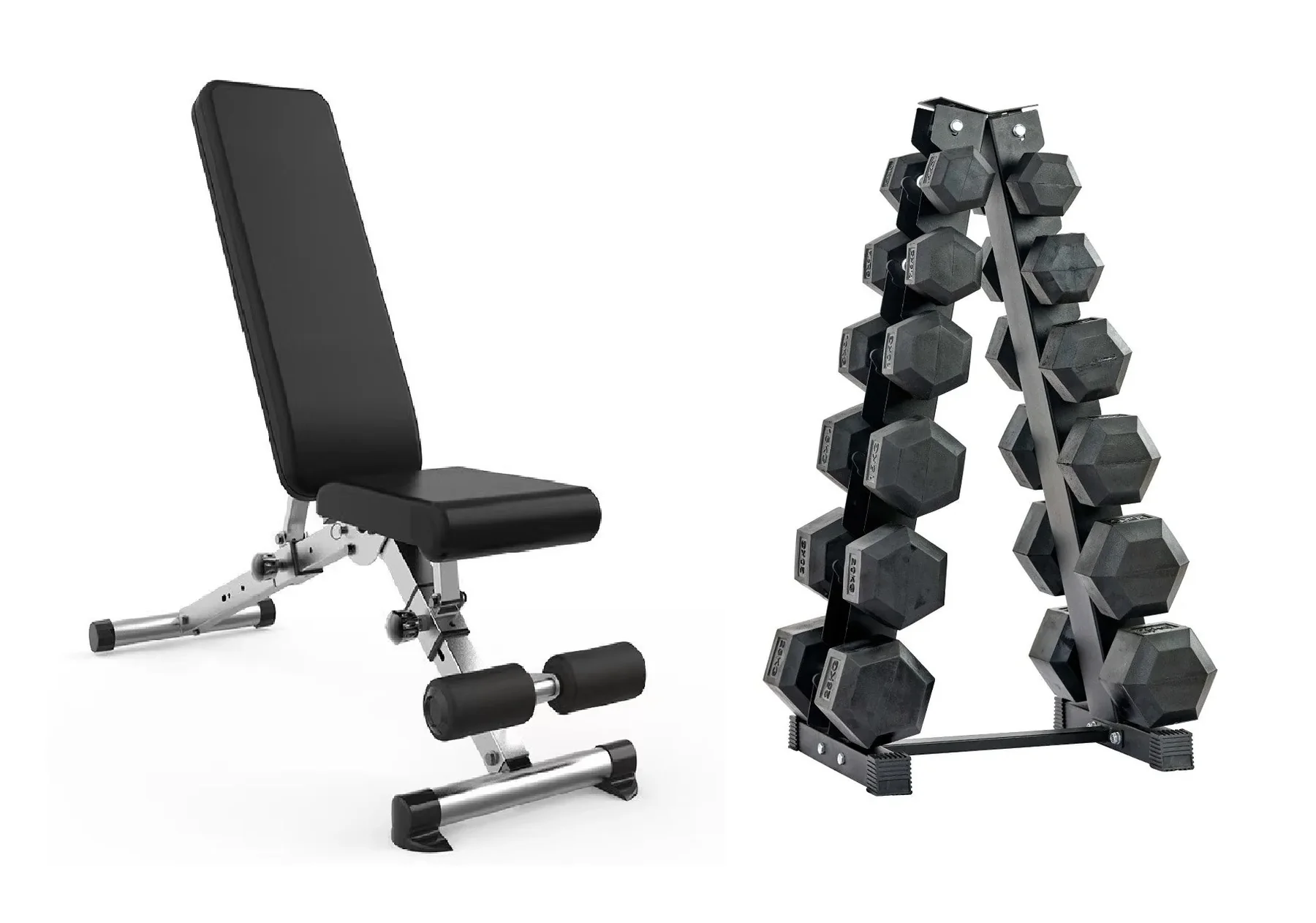HEX DUMBBELLS SET WITH RACK AND ADJUSTABLE WEIGHT BENCH