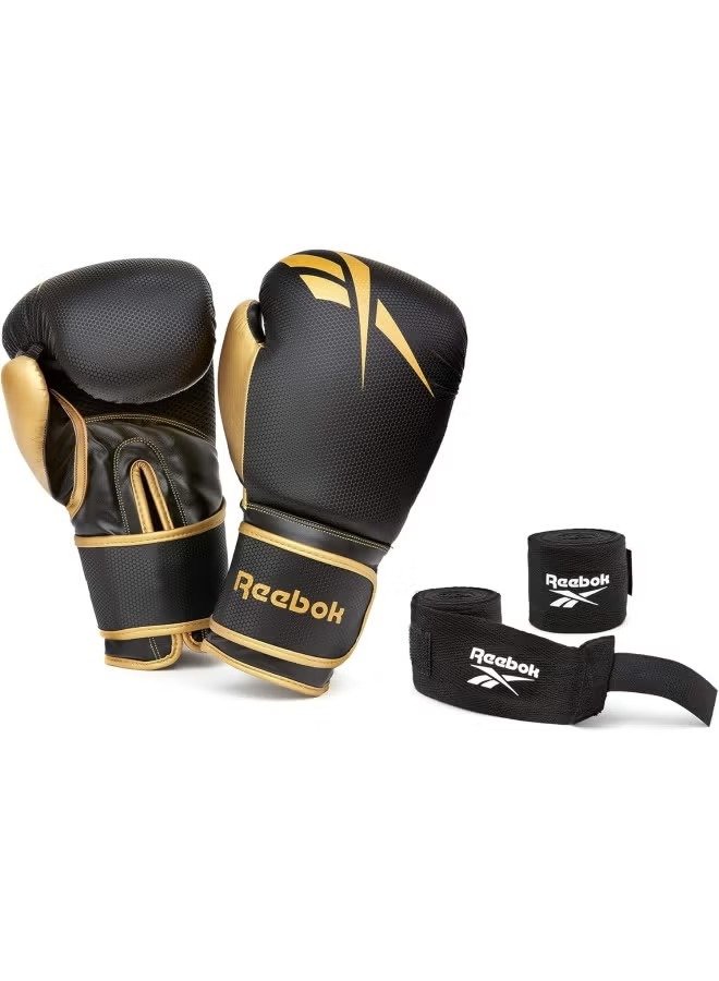 Reebok 12oz Boxing Gloves + Hand Wraps Set – Gold/Black
